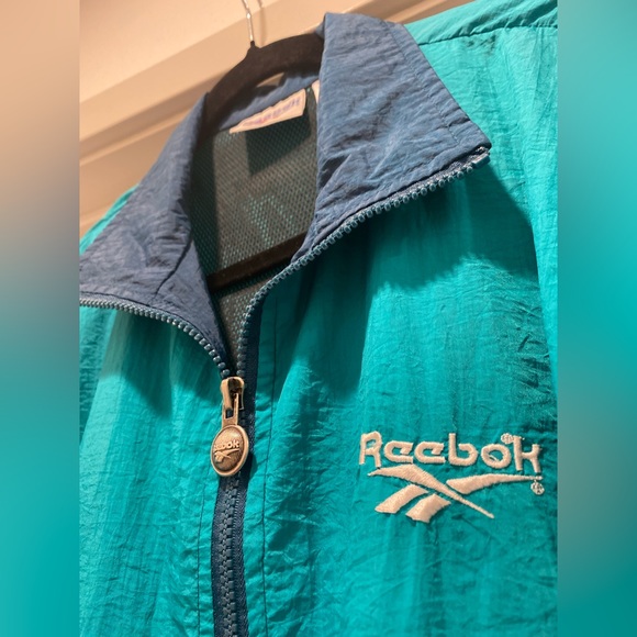 VTG Rare Retro 90s Reebok Teal & Navy Blue Color Block Windbreaker Jacket - L - Picture 10 of 16